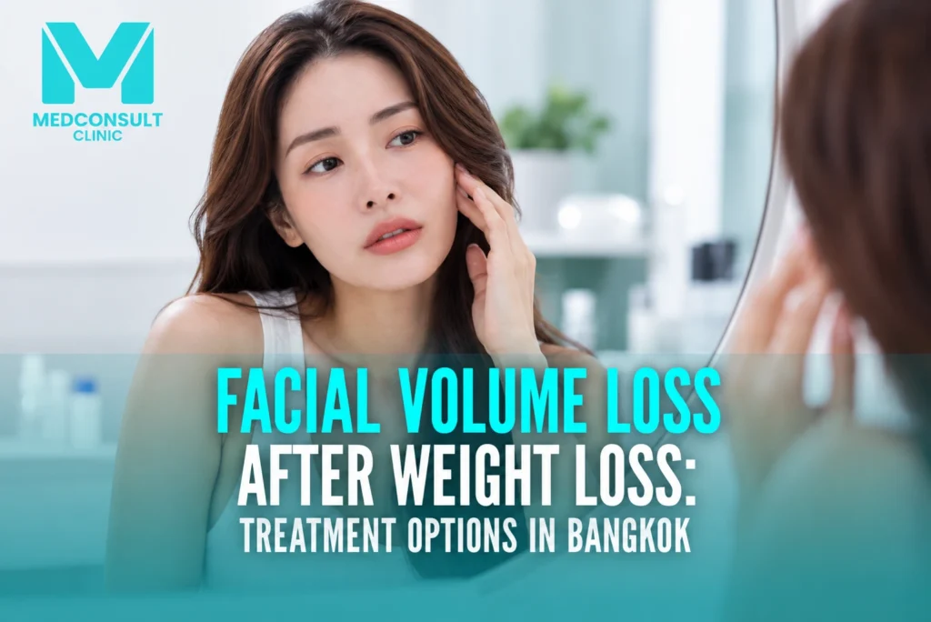 Facial Volume Loss After Weight Loss: Treatment Options in Bangkok 1 Image Alt Text Woman examining facial contours after weight loss, exploring facial volume restoration options in Bangkok