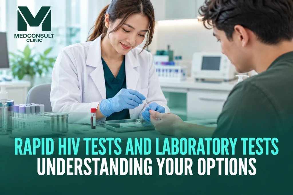 Rapid HIV Tests and Laboratory Tests: Understanding Your Options 1 Healthcare professional explaining rapid HIV tests and laboratory HIV testing options to a patient at MedConsult Clinic Bangkok