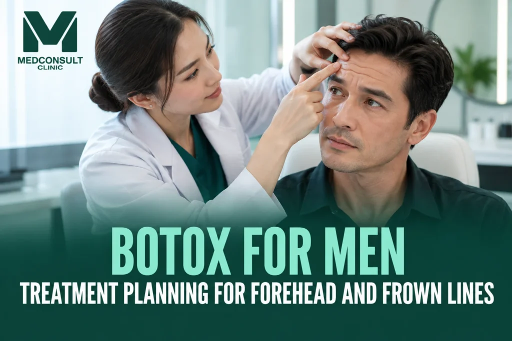 Male patient receiving a forehead and frown-line Botox assessment at MedConsult Clinic Bangkok
