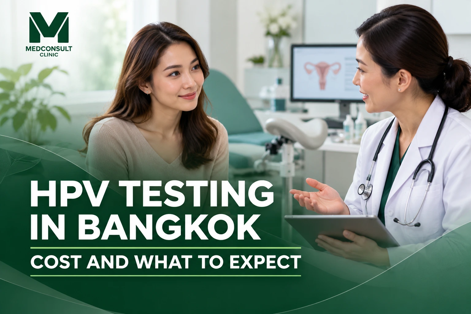 Medconsult Clinic General Practice and Aesthetics Clinic in Bangkok 19 HPV testing in Bangkok at MedConsult Clinic, with a healthcare professional explaining cervical screening and self-sampling to a patient