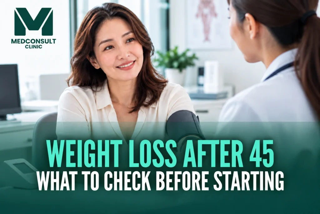 Weight Loss After 45: What to Check Before Starting 1 Woman over 45 having a medical health assessment before starting a weight loss programme at MedConsult Clinic Bangkok