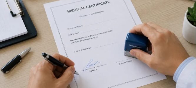 Walk-in Clinic Bangkok 13 Certificate being signed and stamped at the desk