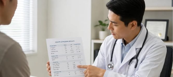 Walk-in Clinic Bangkok 9 Doctor going through a printed results sheet with a patient